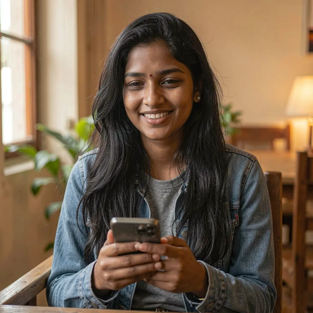 Confident Bangladeshi woman playing casino games on her smartphone with the 8ABET app in a modern indoor setting