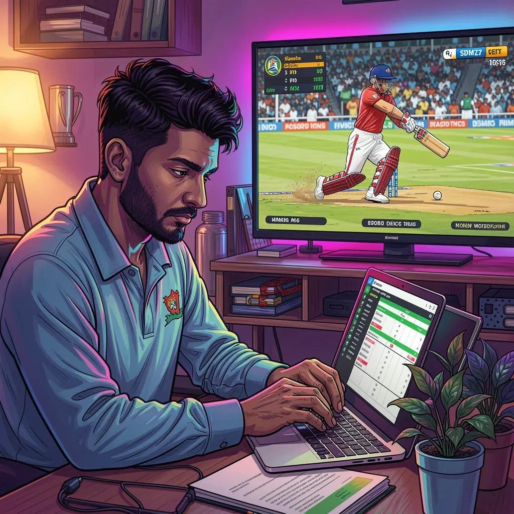 Bangladeshi sports fan placing online cricket bets on a laptop with live match action displayed on screen using the 8ABET platform