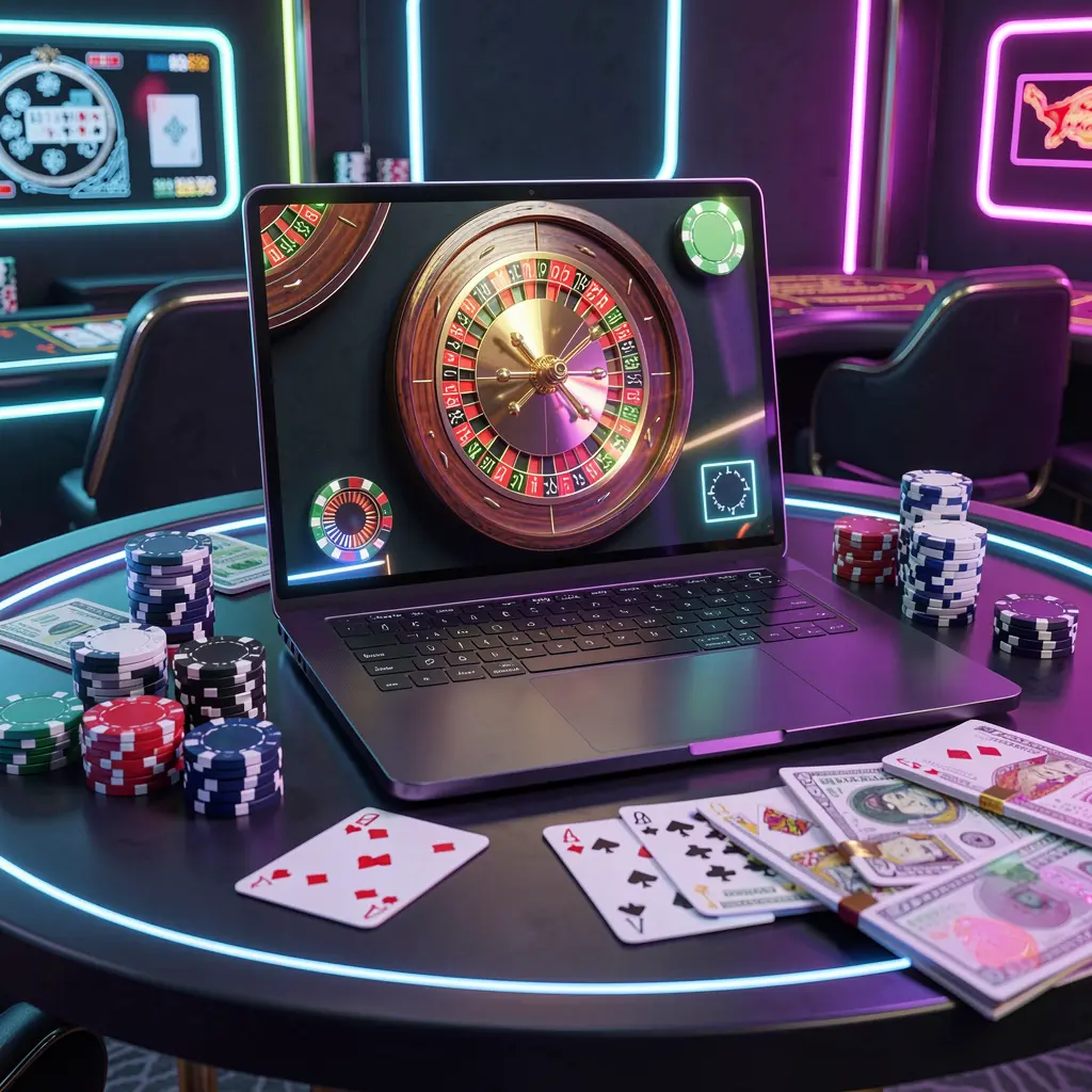 Futuristic online casino setup with a laptop showing roulette gameplay surrounded by poker chips and cash highlighting immersive betting on 8ABET in Bangladesh