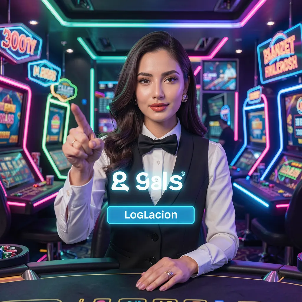 Professional Bangladeshi casino dealer pointing at a glowing login button with neon lights symbolizing secure access on 8ABET